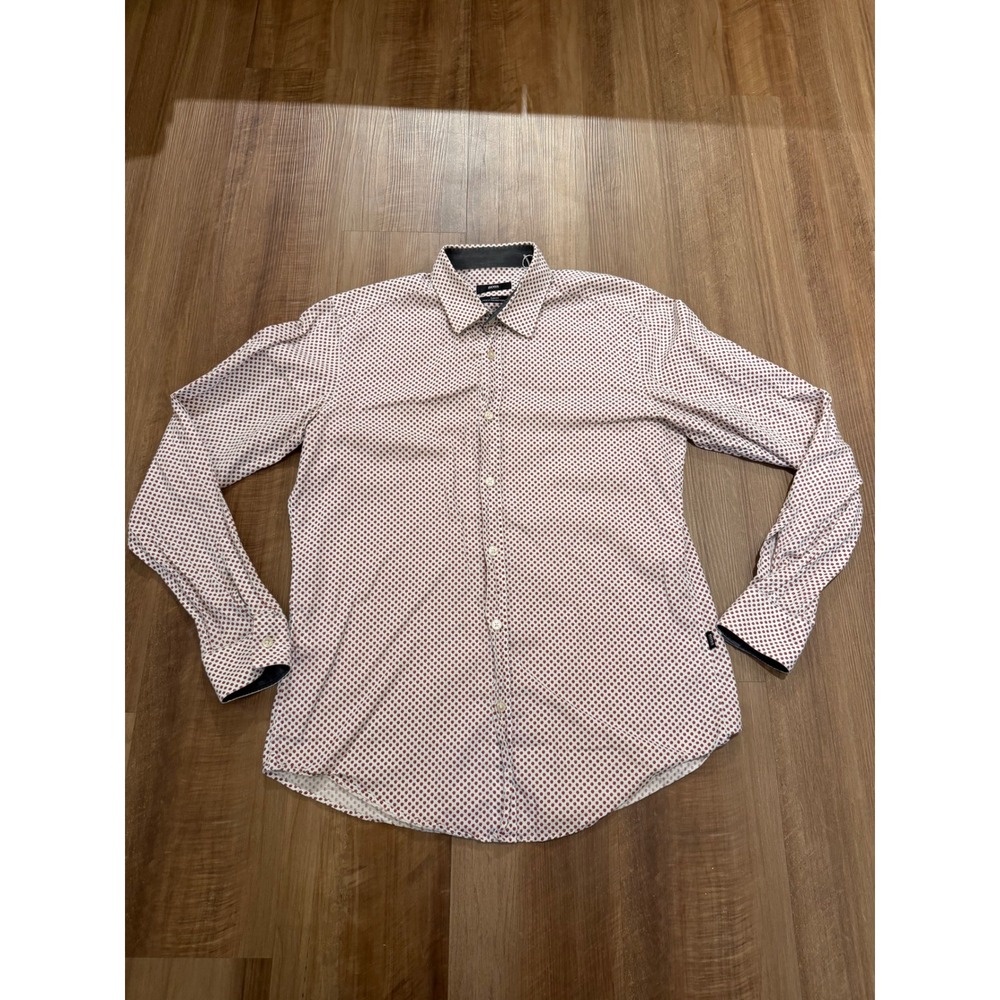BOSS Hugo Boss Button Down Shirt Mens M White Red Geometric Ronni_2 Slim Fit